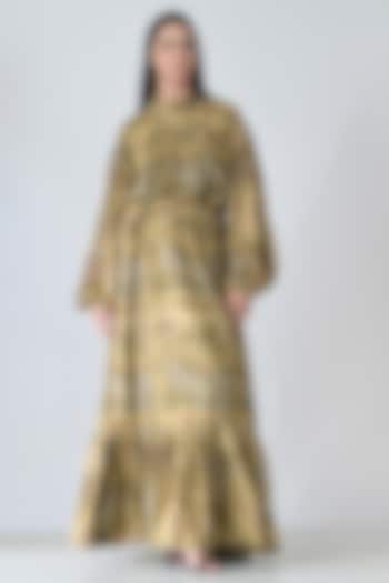 Olive Green Cotton Printed Gathered Maxi Vacation Dress by Samant Chauhan at Pernia's Pop Up Shop