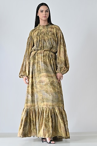 Olive Green Cotton Printed Gathered Maxi Dress by Samant Chauhan