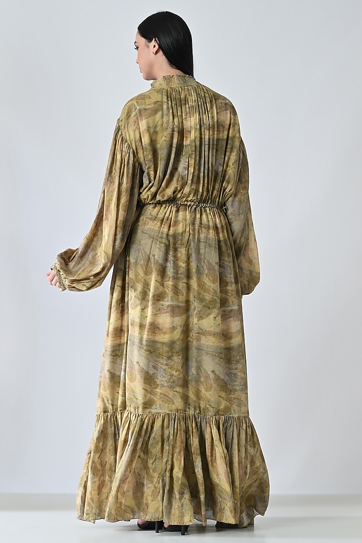 Olive Green Cotton Printed Gathered Maxi Vacation Dress by Samant Chauhan at Pernia's Pop Up Shop