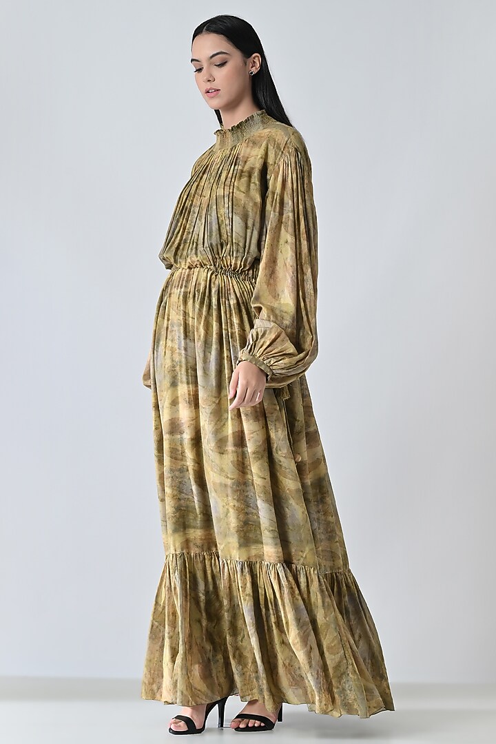 Olive Green Cotton Printed Gathered Maxi Vacation Dress by Samant Chauhan at Pernia's Pop Up Shop