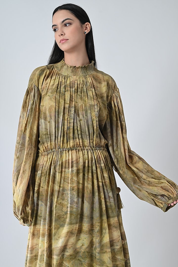 Olive Green Cotton Printed Gathered Maxi Vacation Dress by Samant Chauhan at Pernia's Pop Up Shop