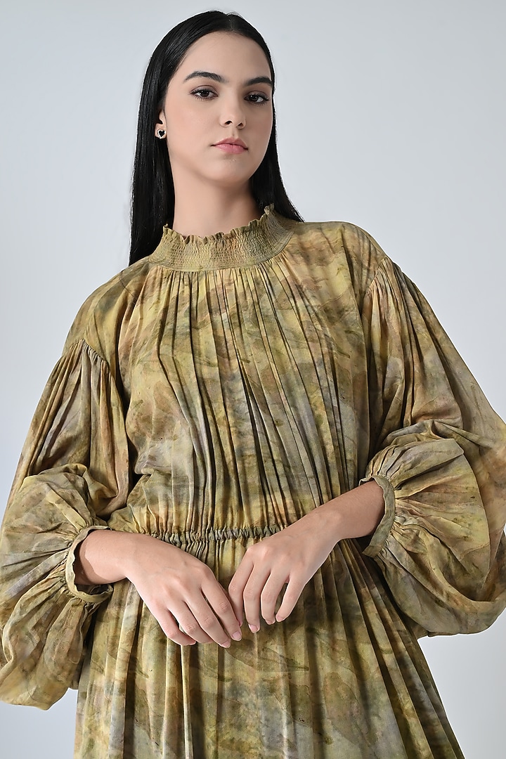 Olive Green Cotton Printed Gathered Maxi Vacation Dress by Samant Chauhan at Pernia's Pop Up Shop