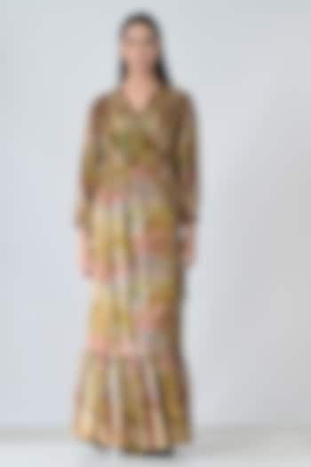 Beige Cotton Botanical Printed Wrap Maxi Vacation Dress by Samant Chauhan at Pernia's Pop Up Shop