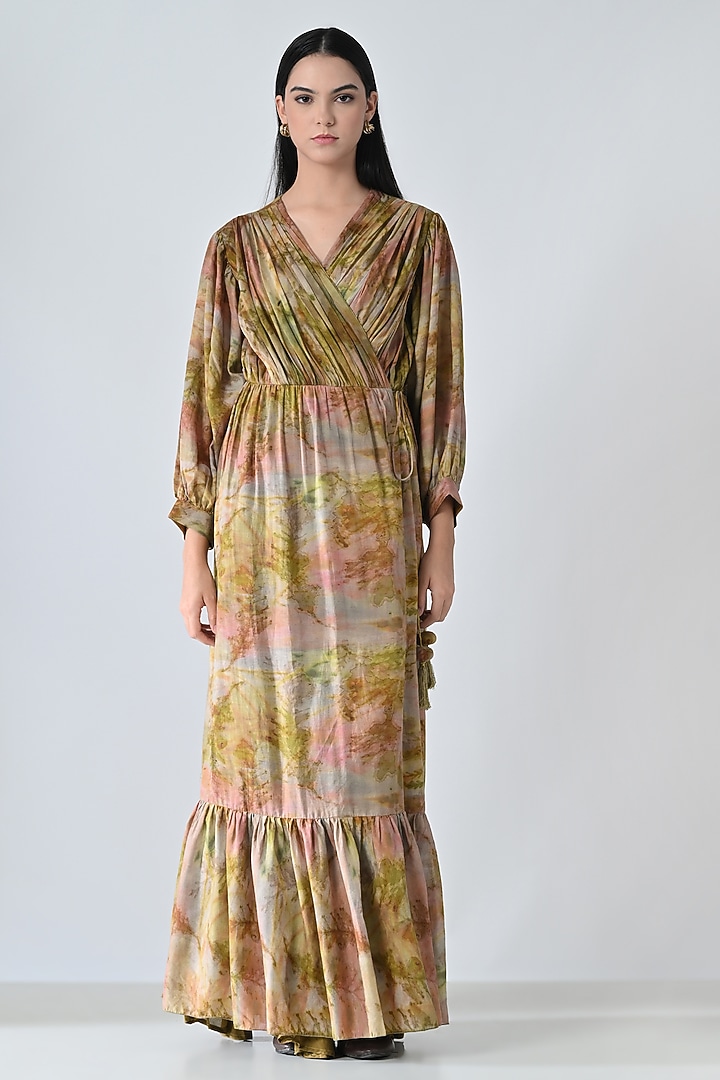 Beige Cotton Botanical Printed Wrap Maxi Vacation Dress by Samant Chauhan at Pernia's Pop Up Shop