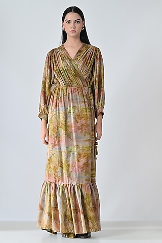 Beige Cotton Botanical Printed Wrap Maxi Dress by Samant Chauhan