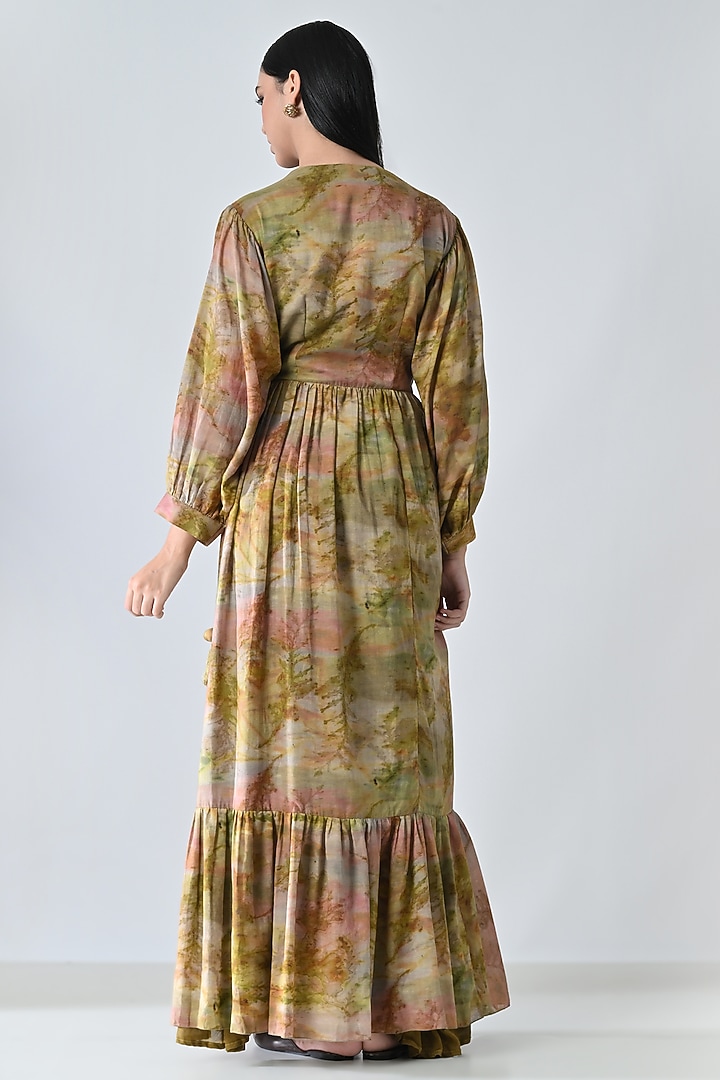 Beige Cotton Botanical Printed Wrap Maxi Vacation Dress by Samant Chauhan at Pernia's Pop Up Shop