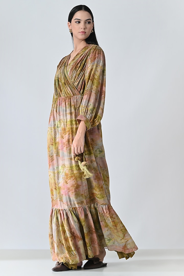 Beige Cotton Botanical Printed Wrap Maxi Vacation Dress by Samant Chauhan at Pernia's Pop Up Shop