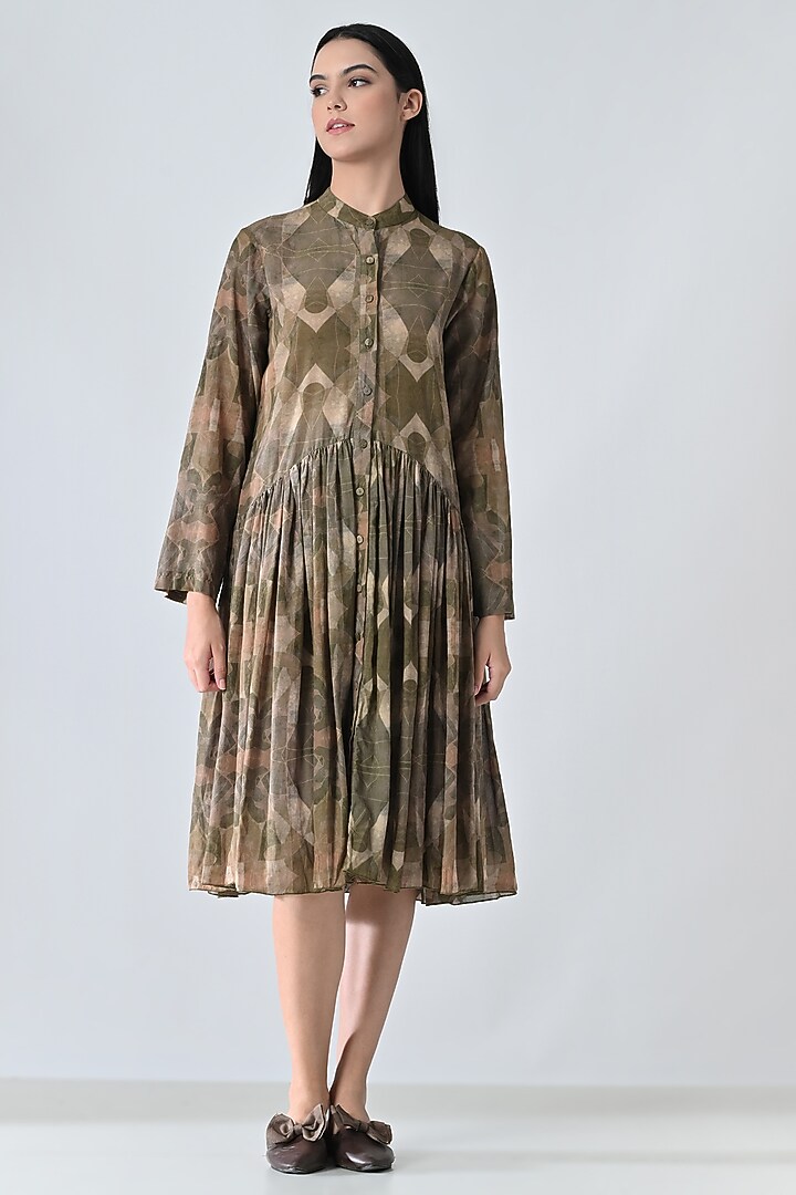 Beige Cotton Abstract Printed Structured Midi Vacation Dress by Samant Chauhan at Pernia's Pop Up Shop