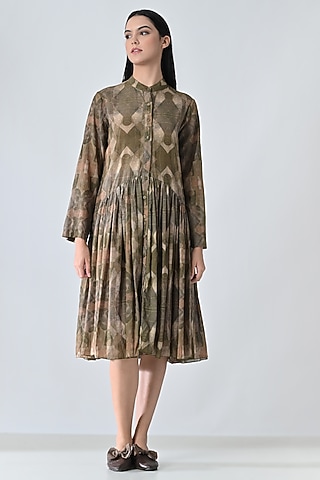 Beige Cotton Abstract Printed Structured Midi Dress by Samant Chauhan