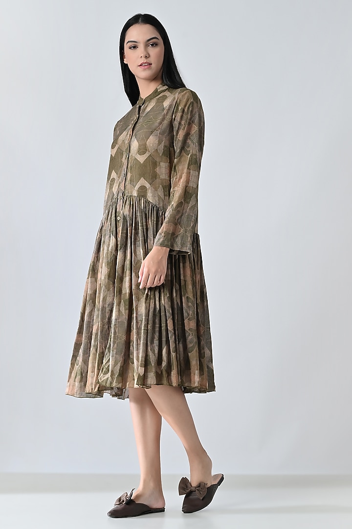 Beige Cotton Abstract Printed Structured Midi Vacation Dress by Samant Chauhan at Pernia's Pop Up Shop