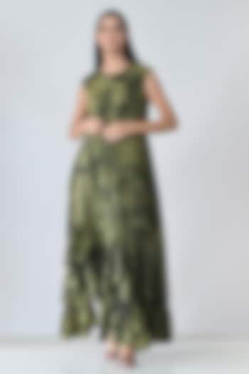 Olive Green Cotton Printed Sleeveless Maxi Vacation Dress by Samant Chauhan at Pernia's Pop Up Shop