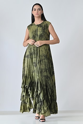 Olive Green Cotton Printed Sleeveless Maxi Dress by Samant Chauhan