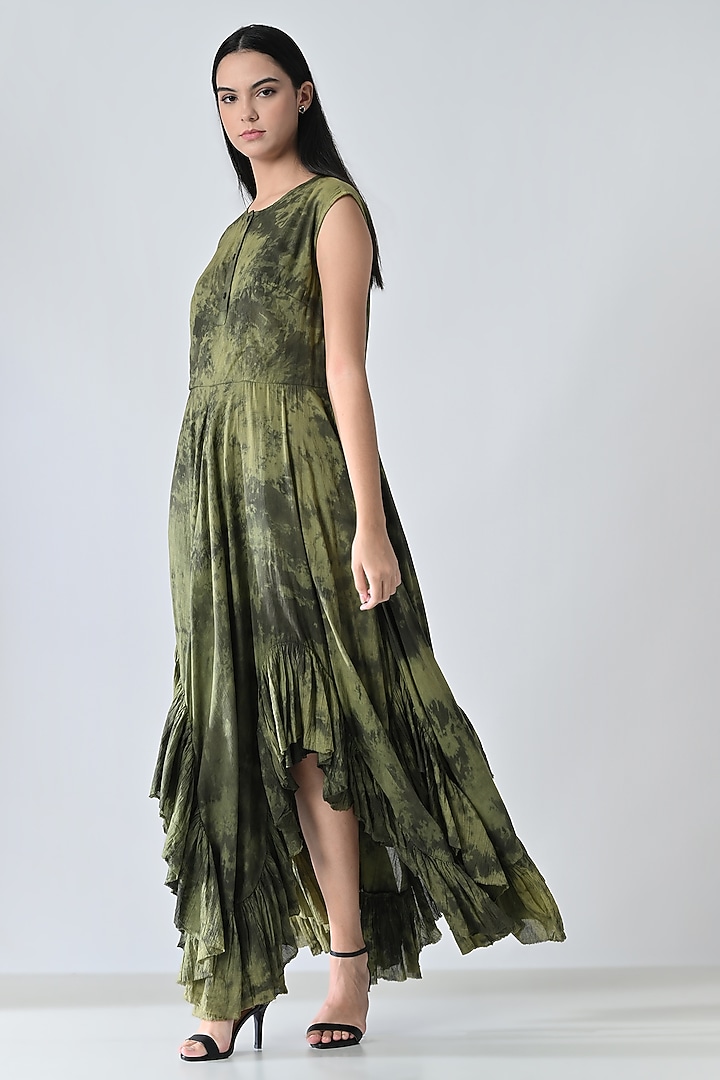 Olive Green Cotton Printed Sleeveless Maxi Vacation Dress by Samant Chauhan at Pernia's Pop Up Shop