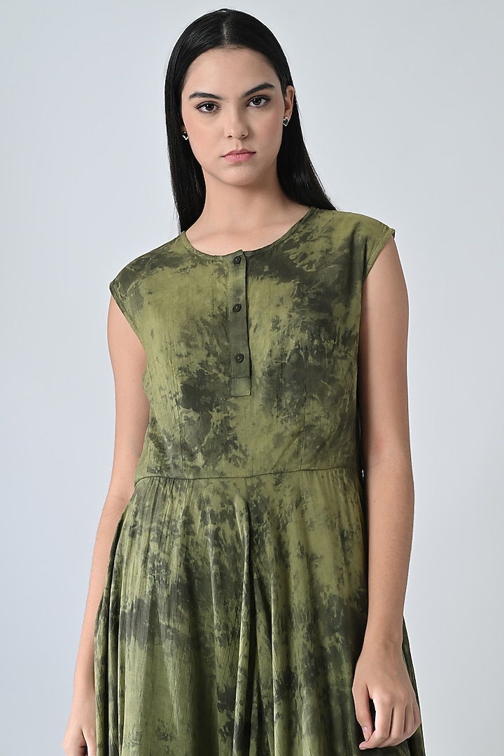 Olive Green Cotton Printed Sleeveless Maxi Vacation Dress by Samant Chauhan at Pernia's Pop Up Shop