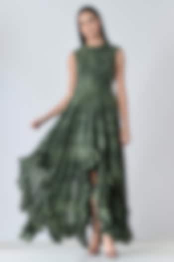 Olive Green Cotton Printed Sleeveless Maxi Vacation Dress by Samant Chauhan at Pernia's Pop Up Shop