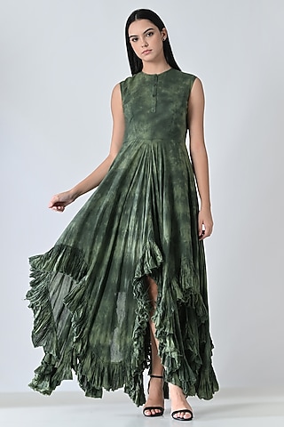 Olive Green Cotton Printed Sleeveless Maxi Dress by Samant Chauhan