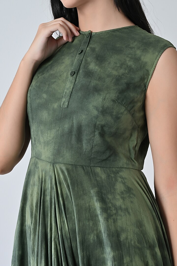 Olive Green Cotton Printed Sleeveless Maxi Vacation Dress by Samant Chauhan at Pernia's Pop Up Shop