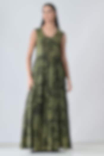 Olive Green Cotton Printed Tie-Up Maxi Vacation Dress by Samant Chauhan at Pernia's Pop Up Shop