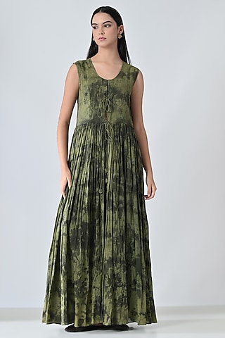 Olive Green Cotton Printed Tie-Up Maxi Dress by Samant Chauhan