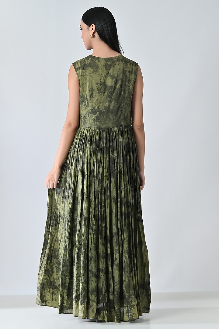 Olive Green Cotton Printed Tie-Up Maxi Vacation Dress by Samant Chauhan at Pernia's Pop Up Shop