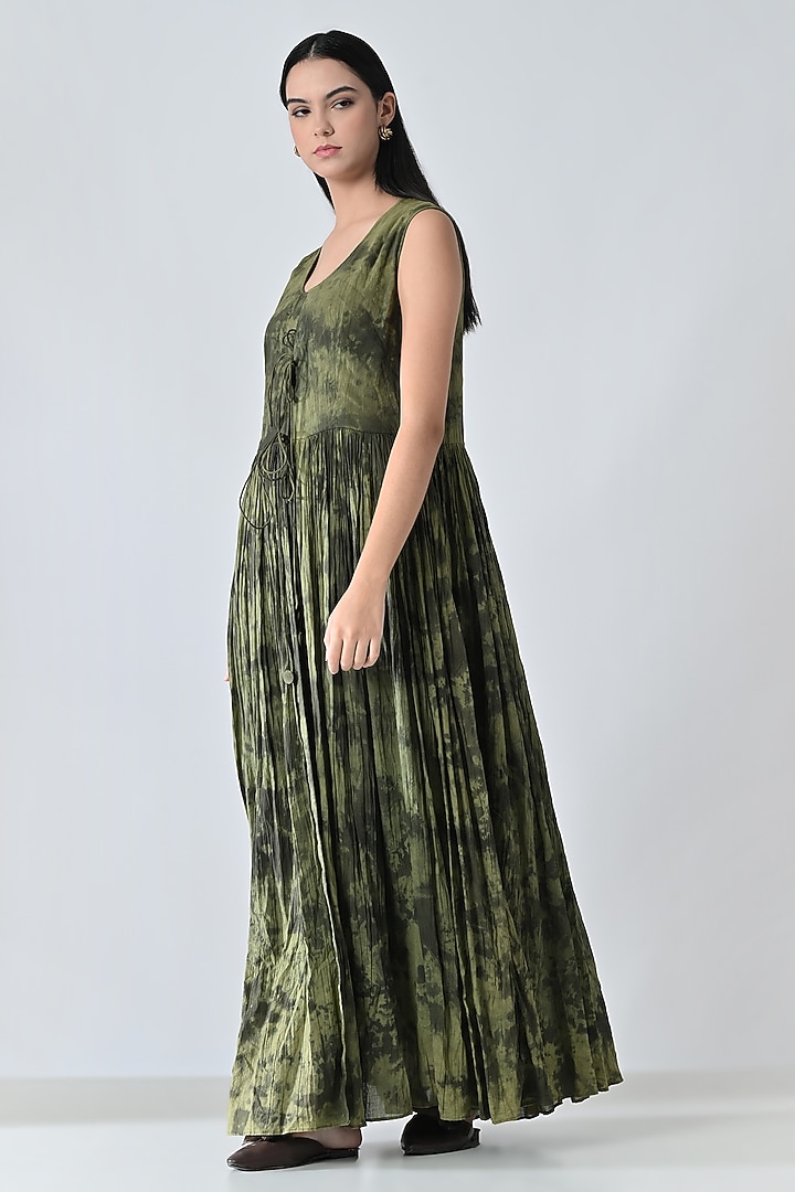 Olive Green Cotton Printed Tie-Up Maxi Vacation Dress by Samant Chauhan at Pernia's Pop Up Shop