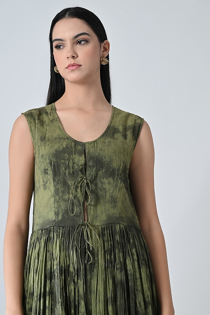 Olive Green Cotton Printed Tie-Up Maxi Vacation Dress by Samant Chauhan at Pernia's Pop Up Shop