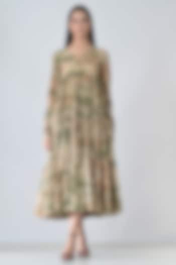 Beige Cotton Printed Gathered Midi Vacation Dress by Samant Chauhan at Pernia's Pop Up Shop