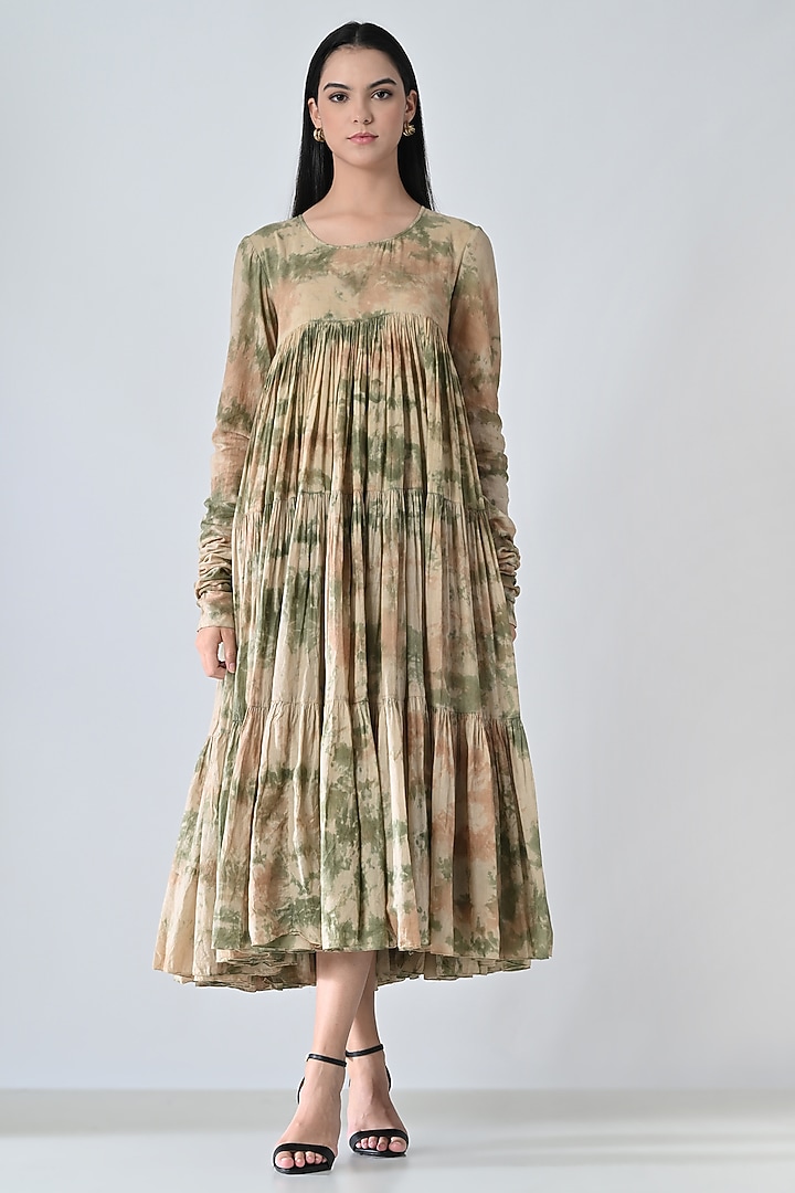 Beige Cotton Printed Gathered Midi Vacation Dress by Samant Chauhan at Pernia's Pop Up Shop