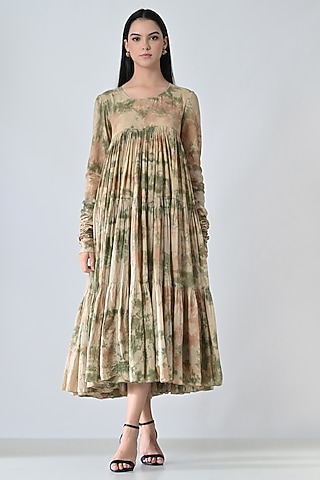 Beige Cotton Printed Gathered Midi Dress by Samant Chauhan