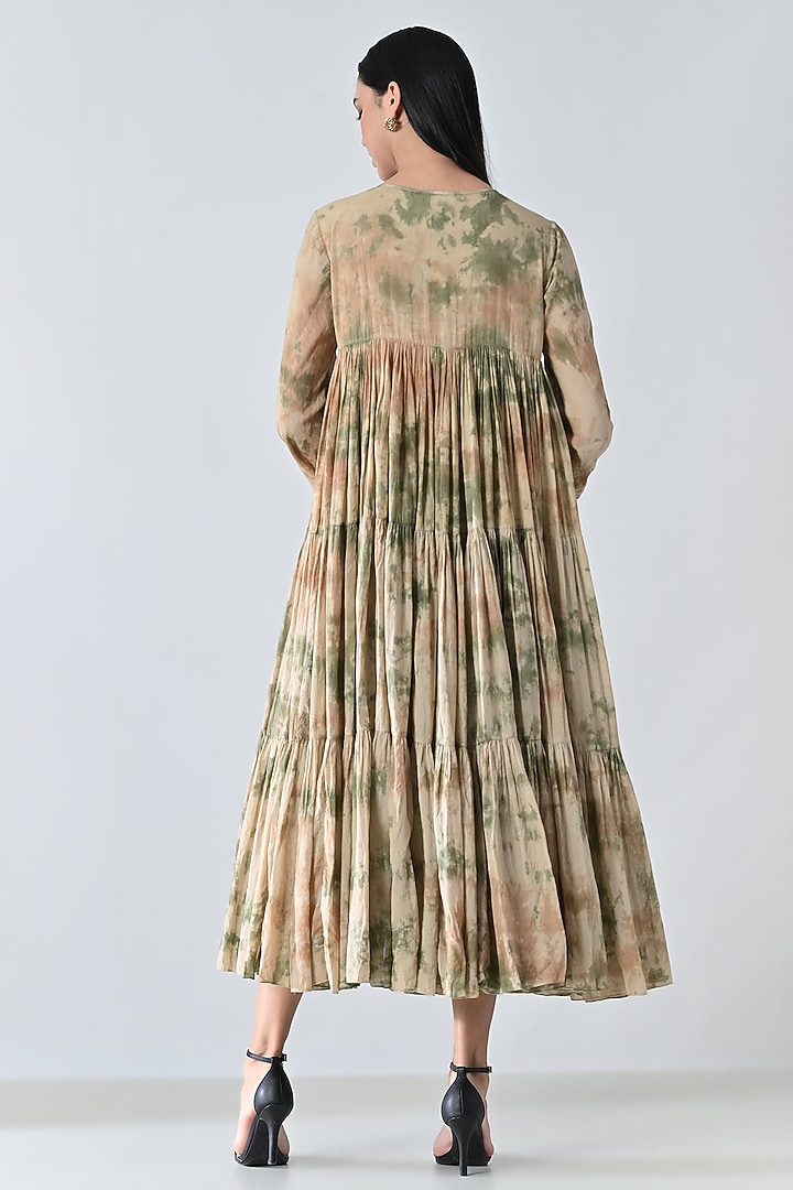 Beige Cotton Printed Gathered Midi Vacation Dress by Samant Chauhan at Pernia's Pop Up Shop