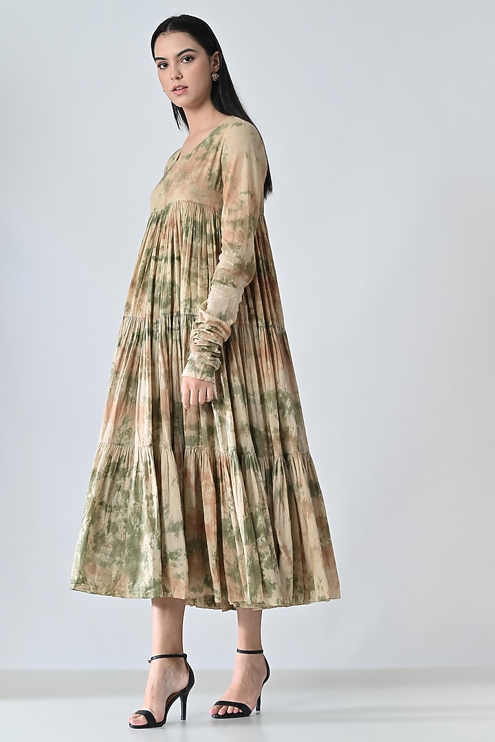 Beige Cotton Printed Gathered Midi Vacation Dress by Samant Chauhan at Pernia's Pop Up Shop