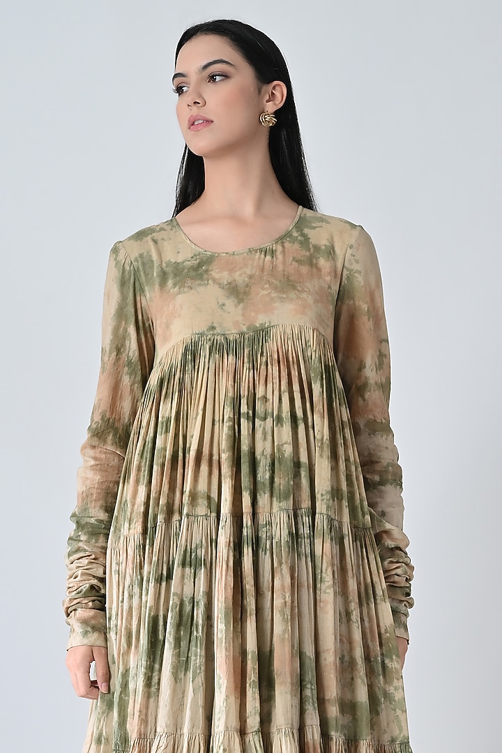 Beige Cotton Printed Gathered Midi Vacation Dress by Samant Chauhan at Pernia's Pop Up Shop