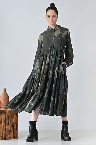 Olive Green Cotton Abstract Printed Shirt Dress by Samant Chauhan