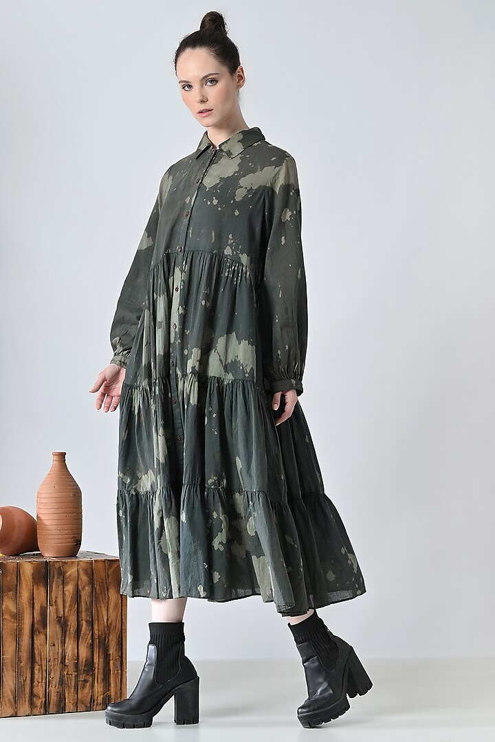Olive Green Cotton Abstract Printed Shirt Vacation Dress by Samant Chauhan at Pernia's Pop Up Shop