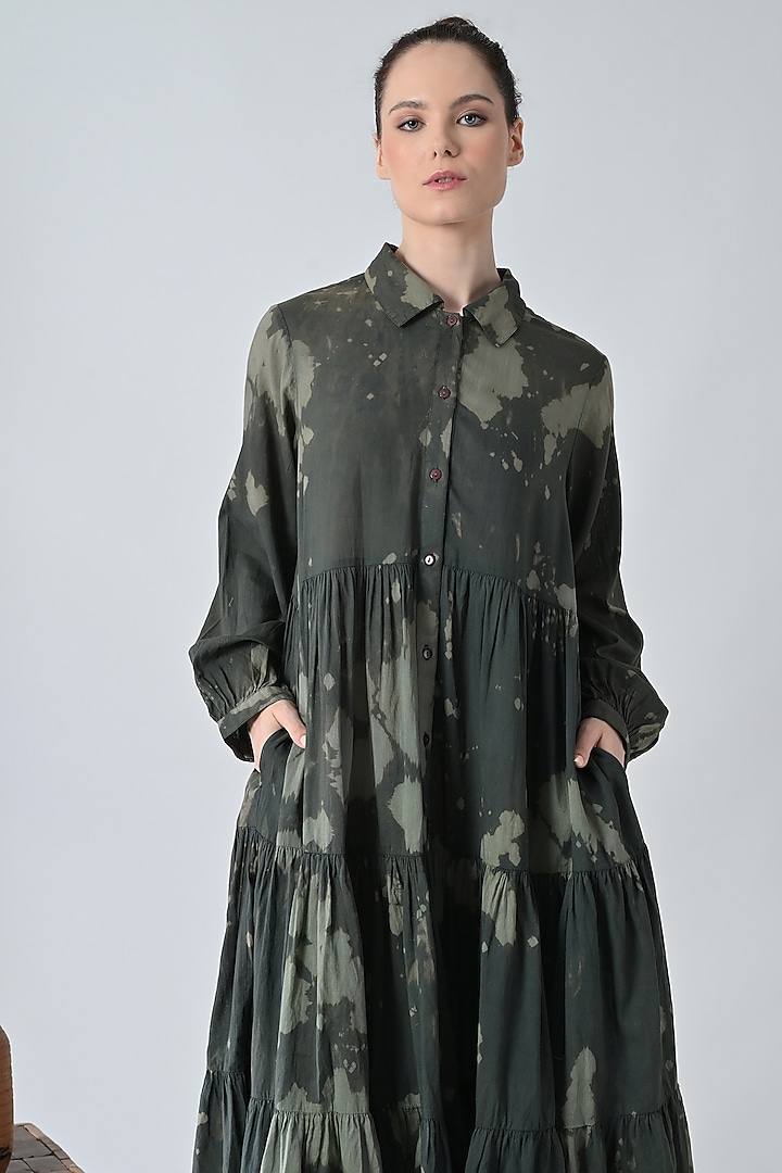 Olive Green Cotton Abstract Printed Shirt Vacation Dress by Samant Chauhan at Pernia's Pop Up Shop