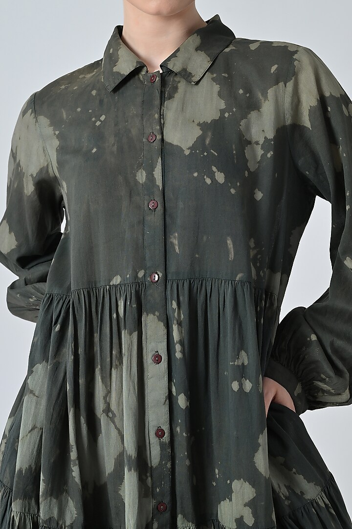Olive Green Cotton Abstract Printed Shirt Vacation Dress by Samant Chauhan at Pernia's Pop Up Shop