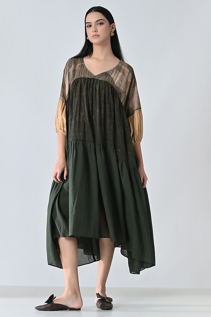 Olive Green Cotton Viscose Layered Vacation Dress by Samant Chauhan at Pernia's Pop Up Shop
