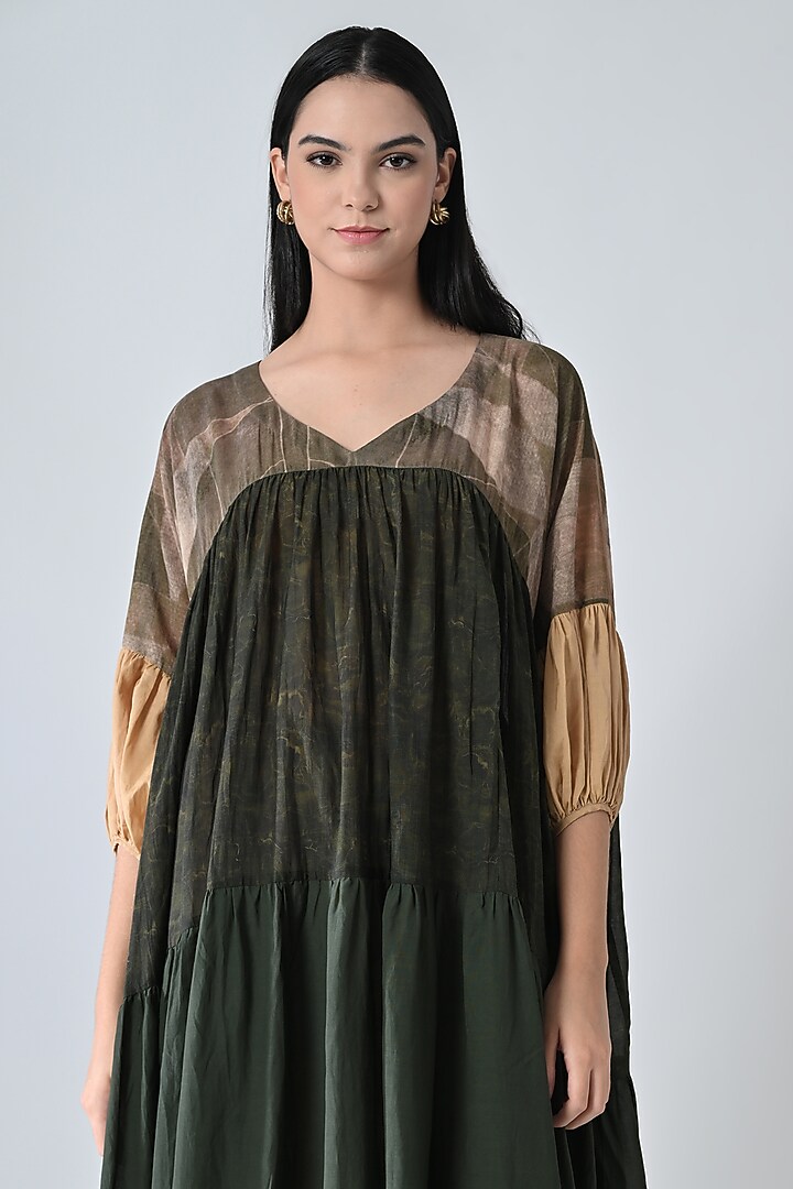 Olive Green Cotton Viscose Layered Vacation Dress by Samant Chauhan at Pernia's Pop Up Shop