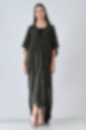 Olive Green Cotton Viscose Textured Draped Kaftan Vacation Dress by Samant Chauhan at Pernia's Pop Up Shop