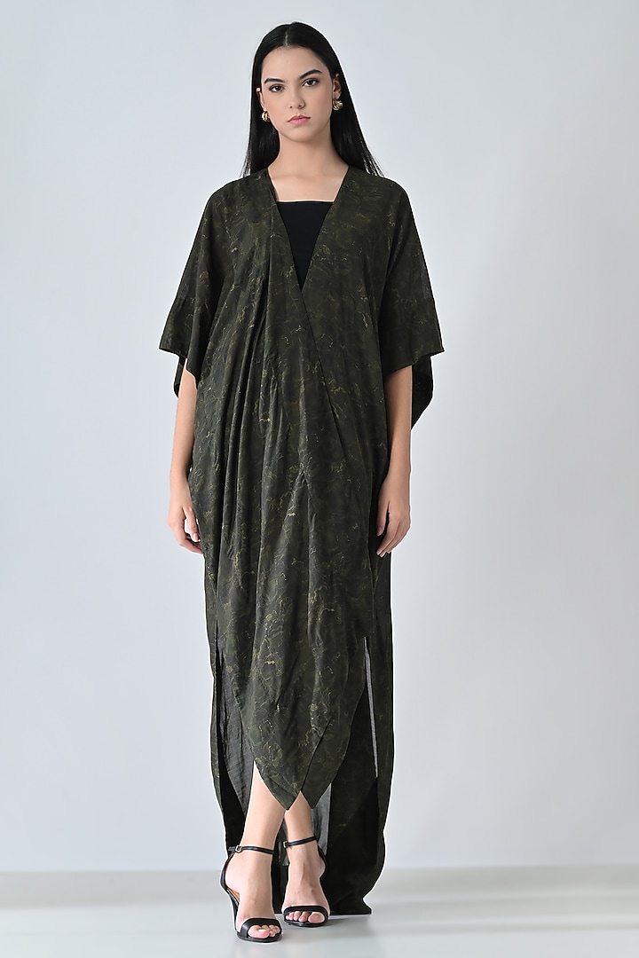 Olive Green Cotton Viscose Textured Draped Kaftan Vacation Dress by Samant Chauhan at Pernia's Pop Up Shop