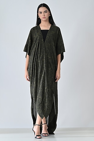 Olive Green Cotton Viscose Textured Draped Kaftan Dress by Samant Chauhan