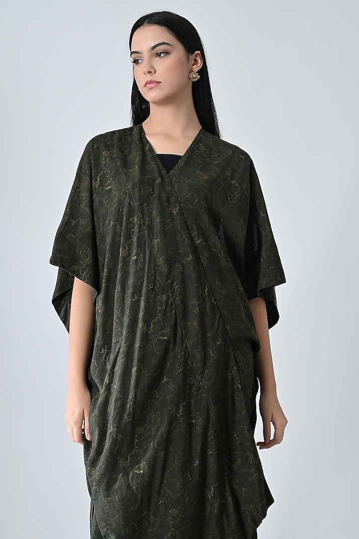 Olive Green Cotton Viscose Textured Draped Kaftan Vacation Dress by Samant Chauhan at Pernia's Pop Up Shop