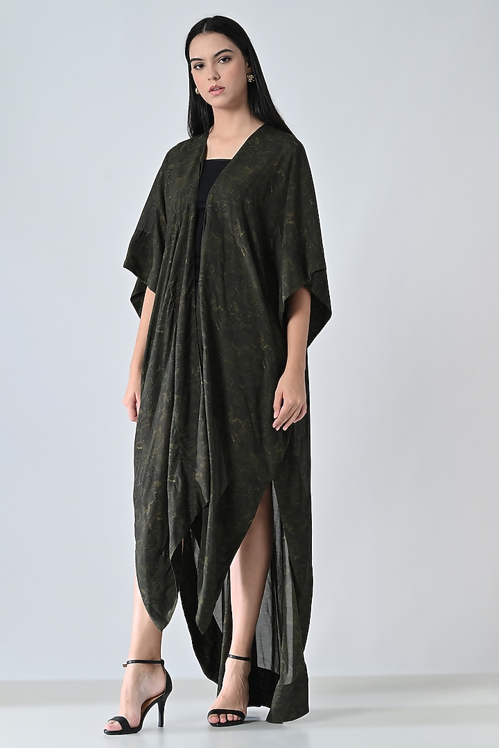 Olive Green Cotton Viscose Textured Draped Kaftan Vacation Dress by Samant Chauhan at Pernia's Pop Up Shop