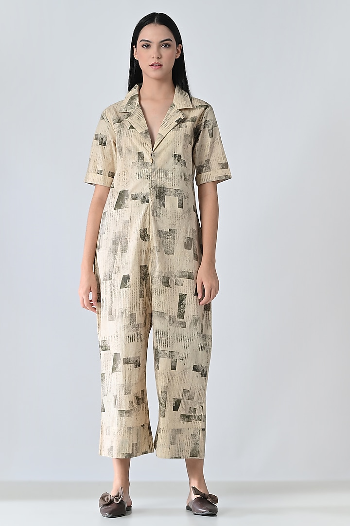 Beige Cotton Abstract Printed Jumpsuit by Samant Chauhan at Pernia's Pop Up Shop