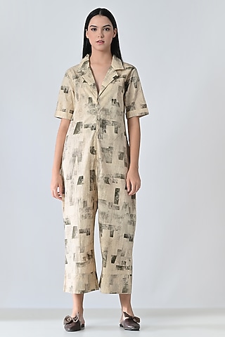 Beige Cotton Abstract Printed Jumpsuit by Samant Chauhan
