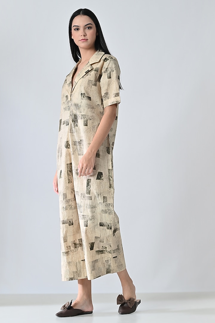 Beige Cotton Abstract Printed Jumpsuit by Samant Chauhan at Pernia's Pop Up Shop