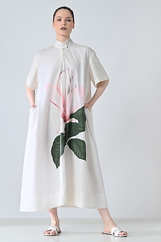 Off-White Cotton Botanical Printed Shirt Dress by Samant Chauhan