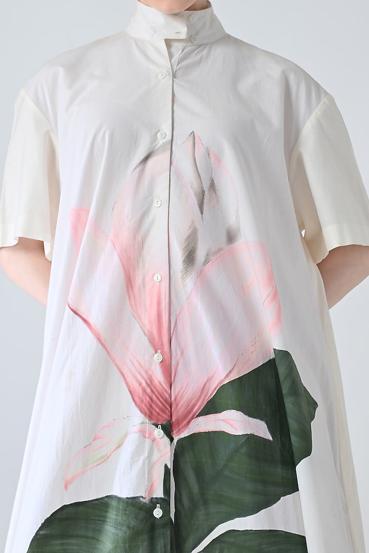Off-White Cotton Botanical Printed Shirt Summer Dress by Samant Chauhan at Pernia's Pop Up Shop