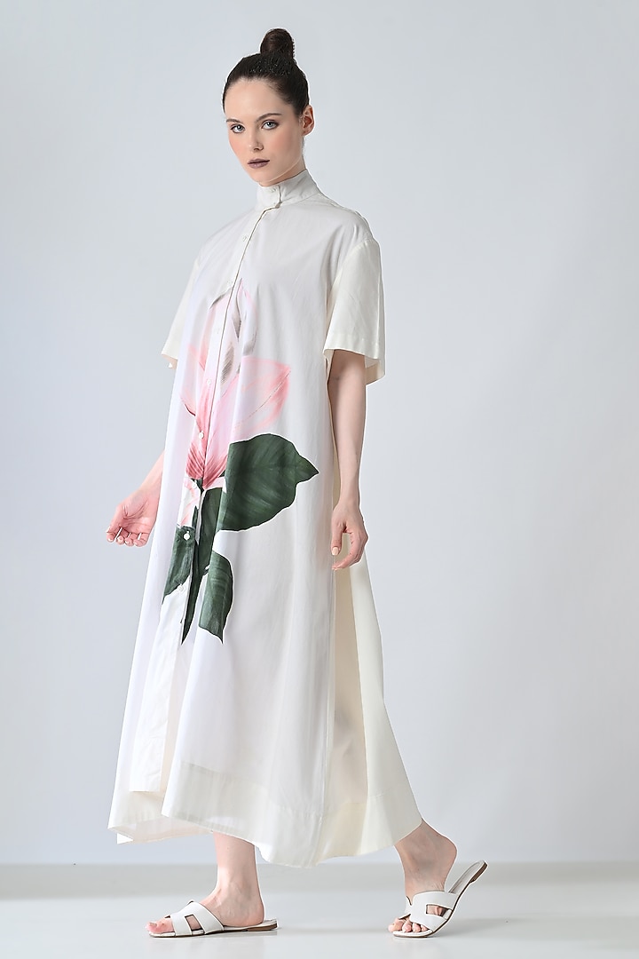 Off-White Cotton Botanical Printed Shirt Summer Dress by Samant Chauhan at Pernia's Pop Up Shop
