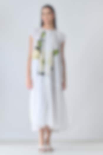 Off-White Cotton Botanical Printed Midi Gathered Summer Dress by Samant Chauhan at Pernia's Pop Up Shop